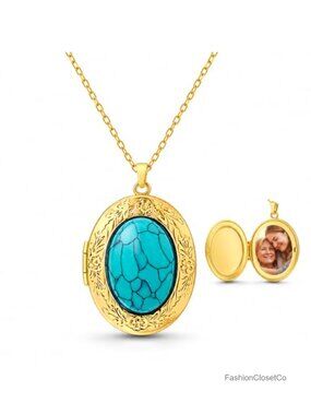 Vintage Turquoise Photo Locket Necklace for Mom - 14K Gold Plated Keepsake
